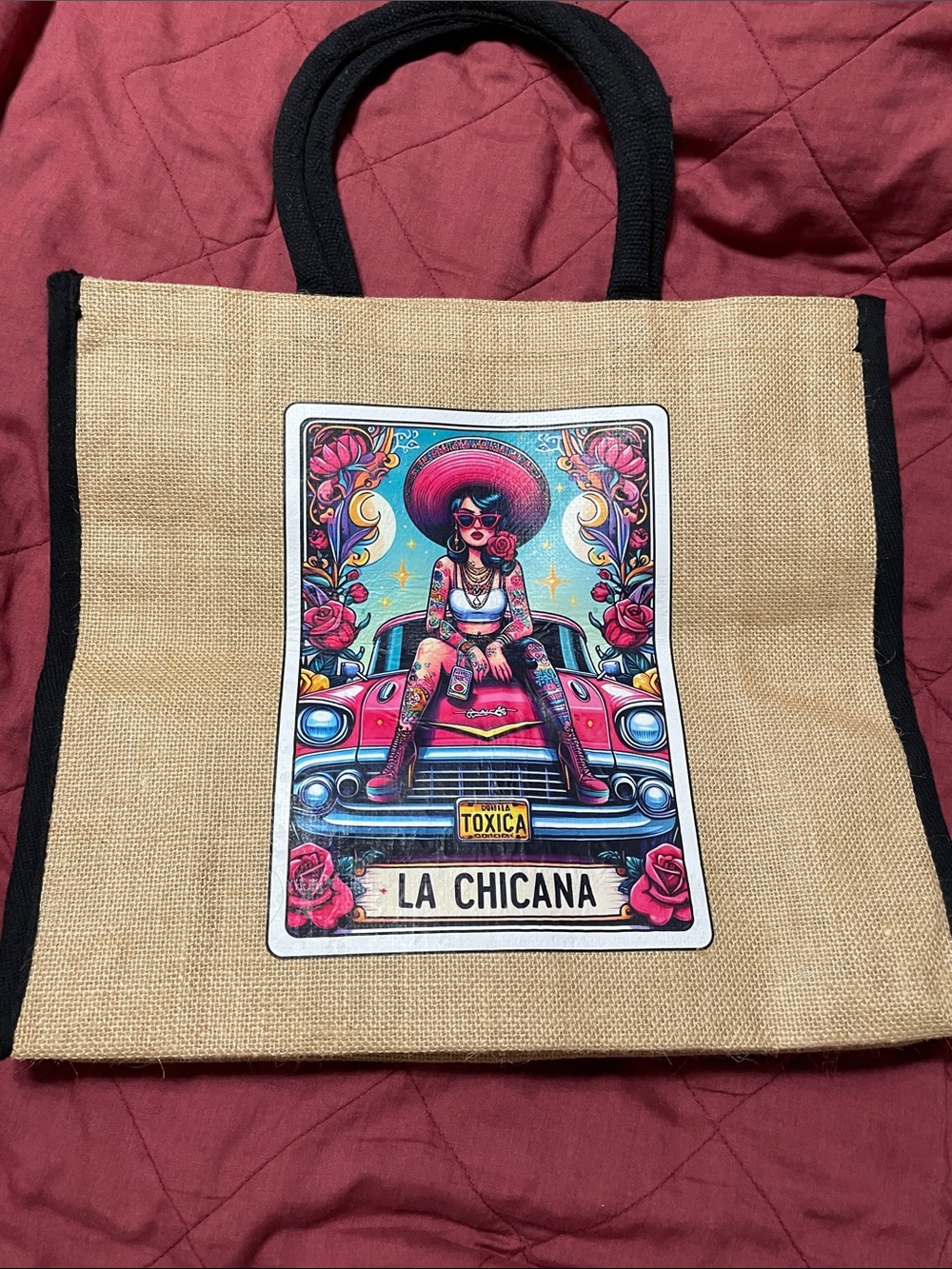 Jute Tote Bag with Pink Graphic and Black Trim